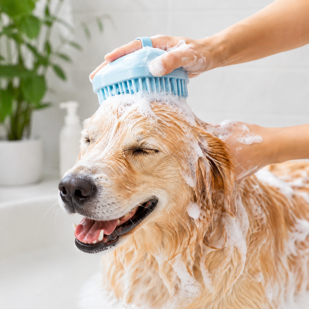 Pet being gently washed with a silicone shampoo dispensing bath brush
