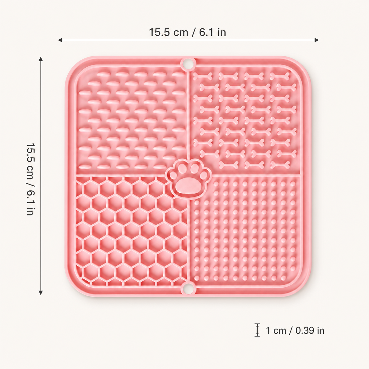 CalmBath lick mat dimensions: 15.5 by 15.5 centimetres