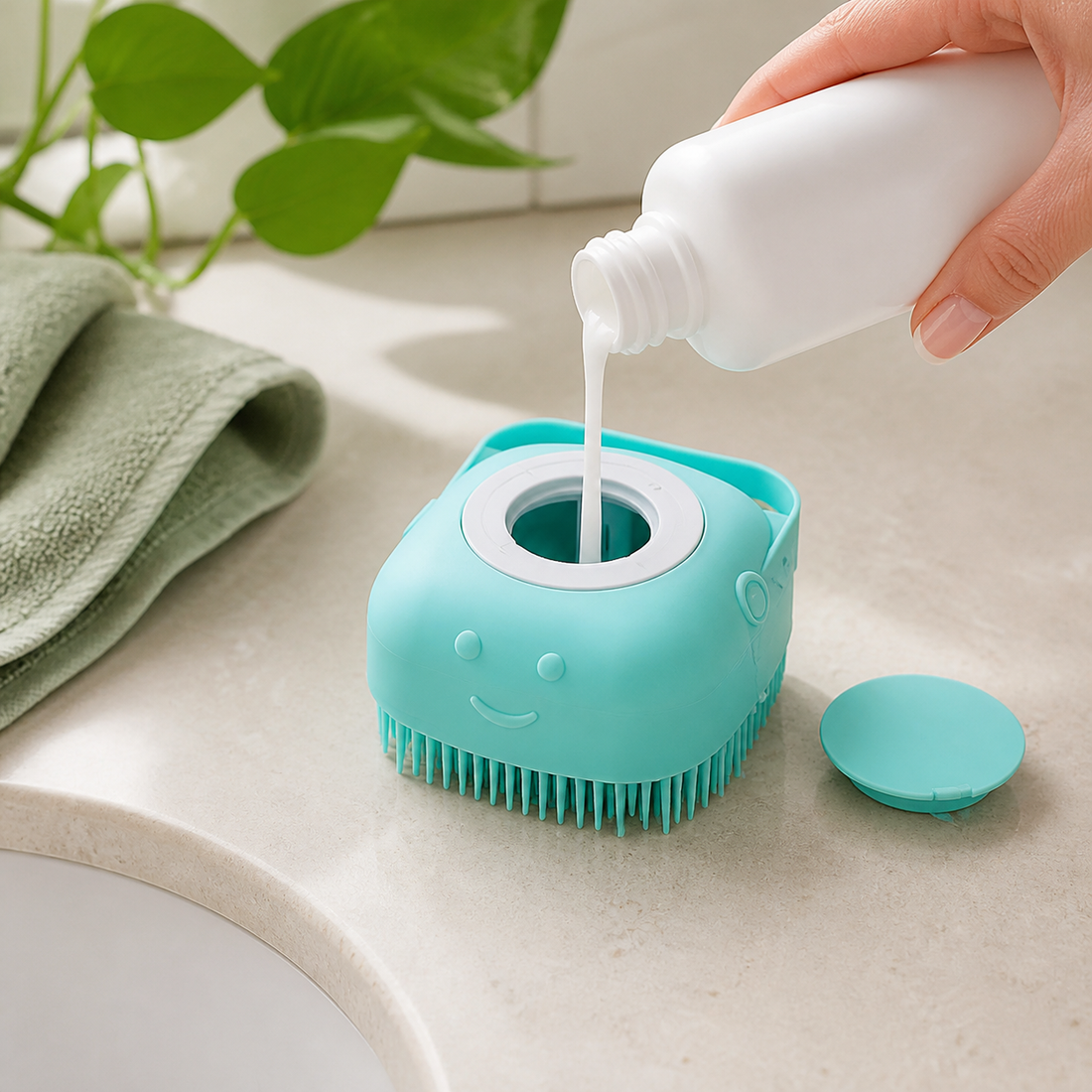 Pet shampoo being poured into the bath brush