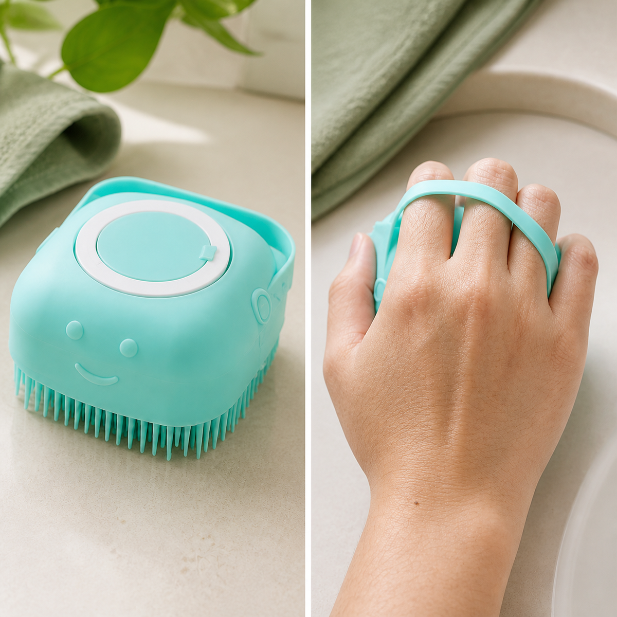 Close-up of the flexible silicone bristles and hand strap