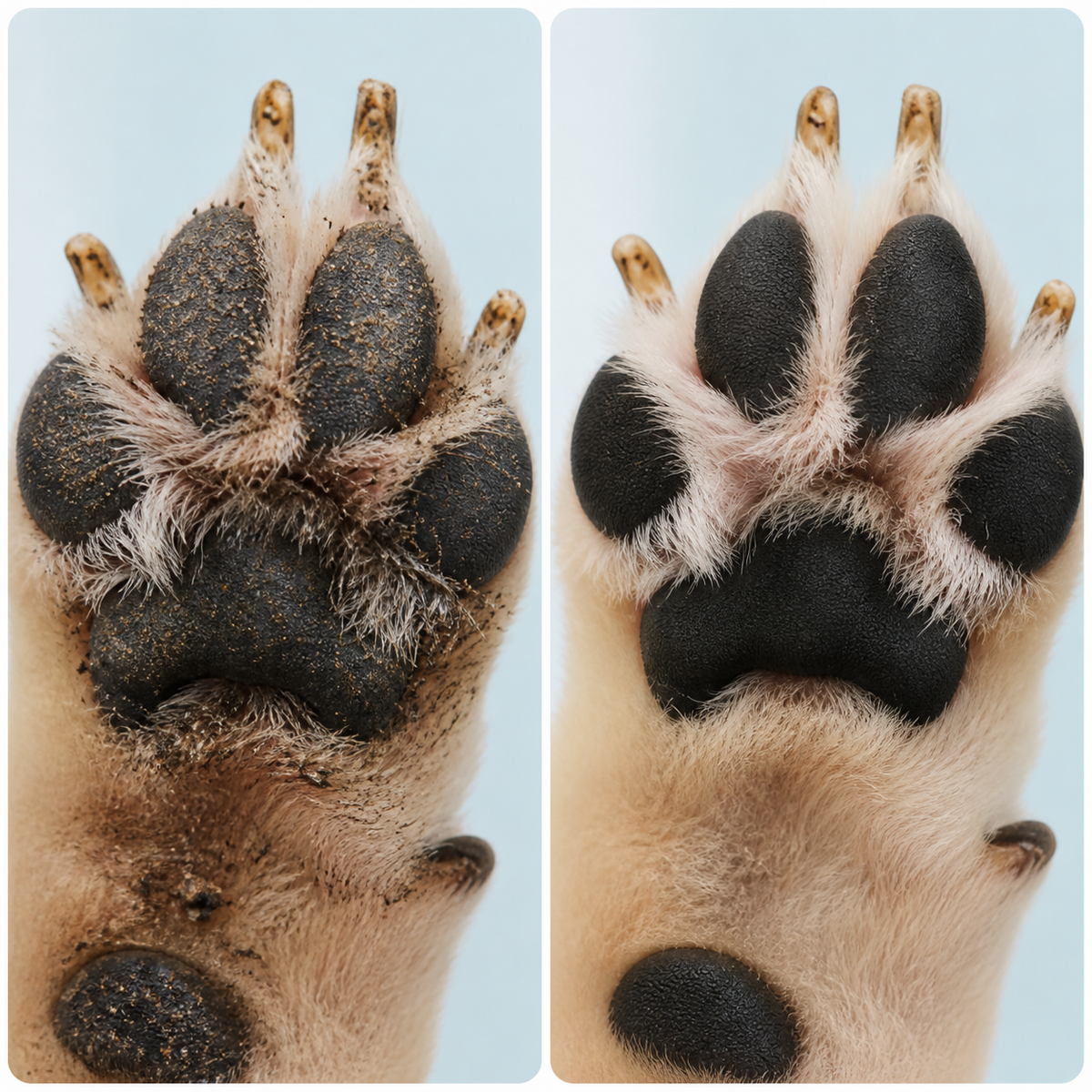 Dog having a muddy paw gently cleaned in a silicone paw cleaner cup