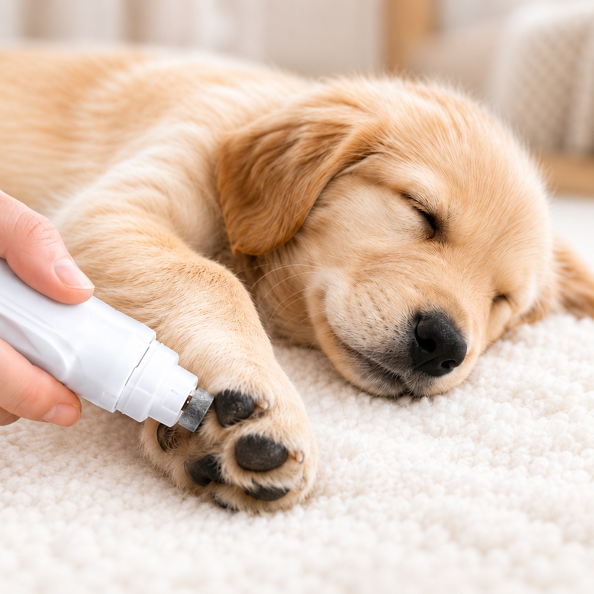 Dog having a nail gently filed with the rechargeable grinder