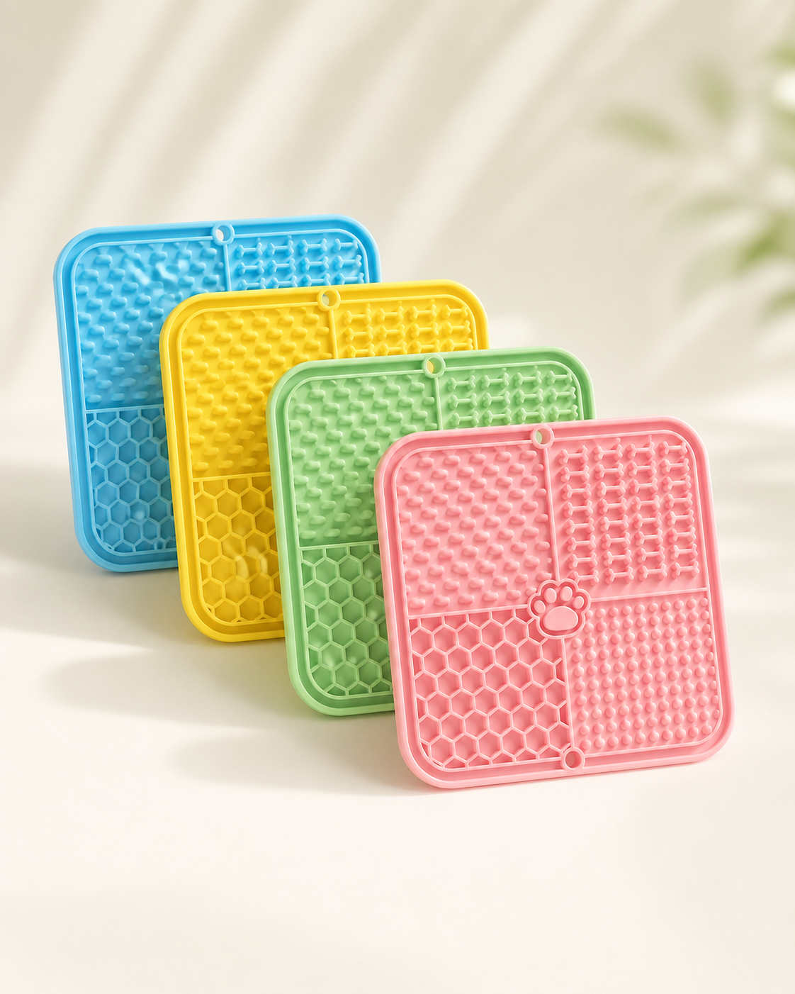 CalmBath lick mat shown in its available colors