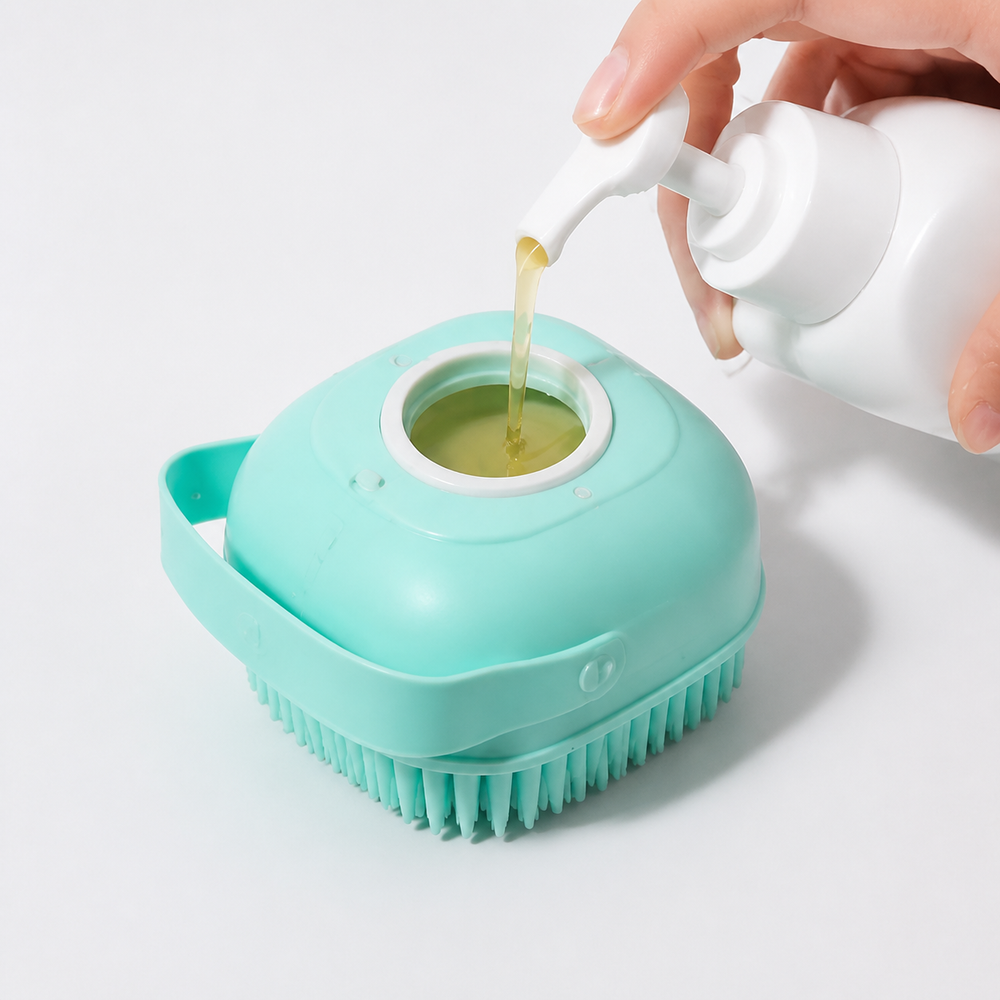 Shampoo being added to the refillable pet bath brush