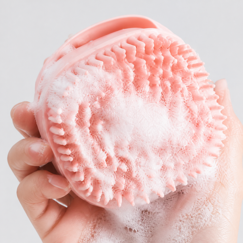 Close-up of soft foamy silicone bath-brush bristles