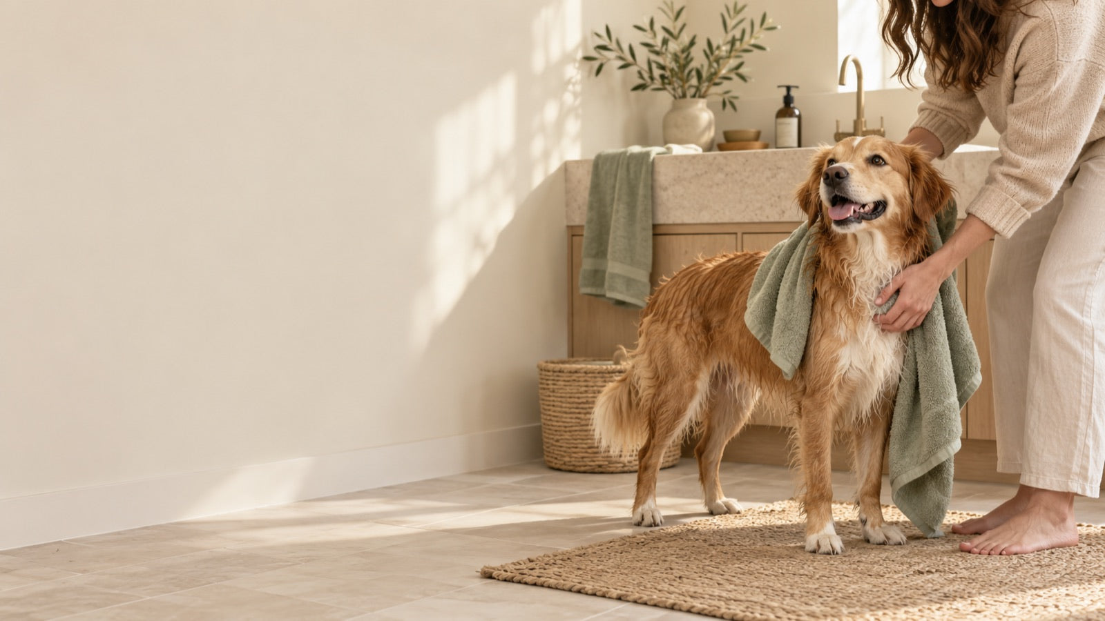 A dog enjoying a gentle towel dry at home